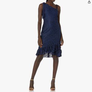 kensie Women's Mock One Shoulder Lace Dress with Flounce Cocktail (Size 16,Navy)